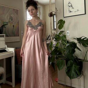Pink satin nightgown with silver lace trim